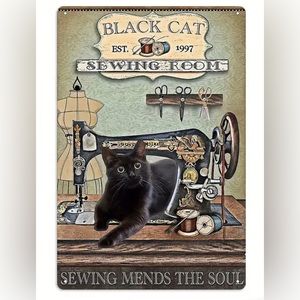 Black Cat Sewing Room Metal Tin Wall Hanging Decor